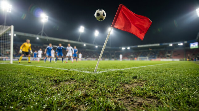 Dramatic soccer corner kick under stadium lights with red flag in foreground and players poised for action on lush green field
