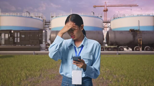 Asian Female With Her Smarphone at Oil Refinery with Large Fuel Tanks and Cargo Train, She Is Nodding Her Shead With Dissapionted