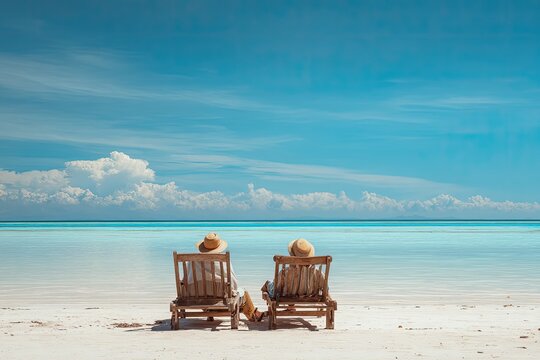 Two people relax in beach chairs facing ocean, under clear sky, sandy shore