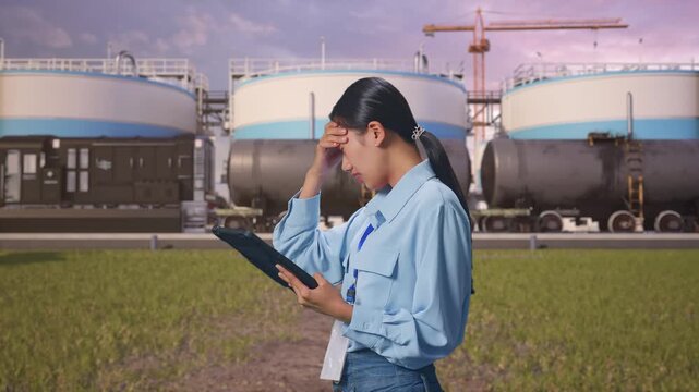 Side View Of Asian Female With Her Tablet at Oil Refinery with Large Fuel Tanks and Cargo Train, Checking With Dissapionted And Nodding Her Shead 