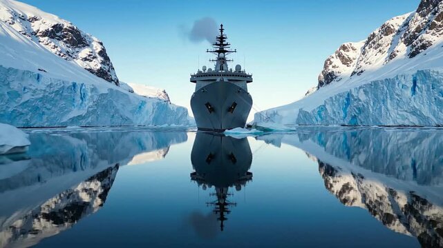 Ship navigates through icy arctic waters reflecting perfectly against the calm surface between massive glaciers.