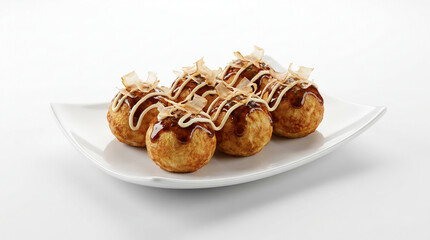 Fototapeta premium Delicious Japanese Takoyaki street food on a white plate, a savory snack with creamy filling and smoky bonito flakes, perfect for culinary exploration