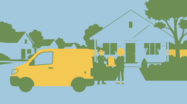 Yellow Electric Delivery Van at Suburban House for Sustainable Shipping Concept