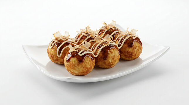 Delicious Japanese Takoyaki street food on a white plate, a savory snack with creamy filling and smoky bonito flakes, perfect for culinary exploration