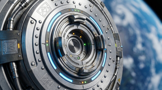 Futuristic commercial space station docking module with illuminated circular design and Earth in the distant background, showcasing intricate metallic details