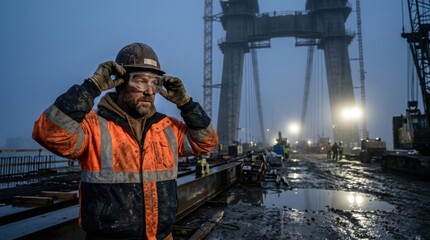 Fototapeta premium A Construction Worker Adjusting Safety Goggles on a Bridge Construction Site