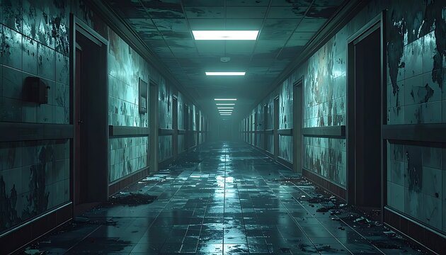 A dimly lit, eerie hospital corridor with peeling walls and wet floor