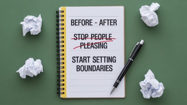 Self care concept with stop people pleasing crossed out and start setting boundaries on notebook