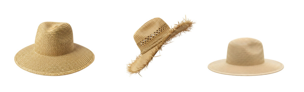 Three straw hats on transparent background for fashion and summer accessories
