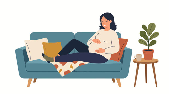 Happy pregnant woman sitting and relaxing on a blue sofa in a cozy living room, prenatal health and motherhood flat vector illustration