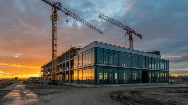 Modern office building construction site with cranes at golden hour sunset