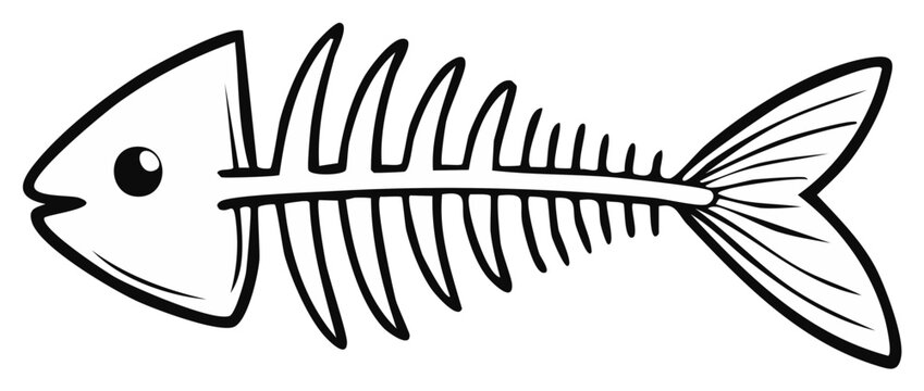 Cartoon fish skeleton illustration, simple outline style for aquatic creatures and food