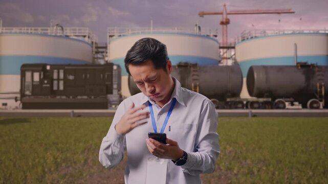 Asian Male Professional Worker Standing With His Smartphone at Oil Refinery with Large Fuel Tanks and Cargo Train, He Is Nodding His Head With Dissapionted