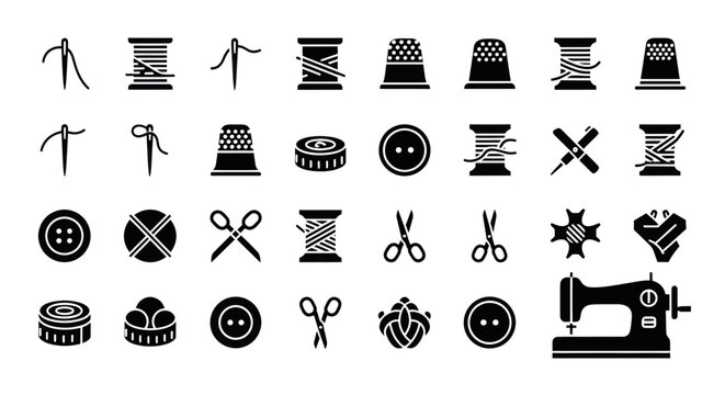 Sewing Icons Collection: Thread, Needles, Buttons, Scissors, Thimble, Machine