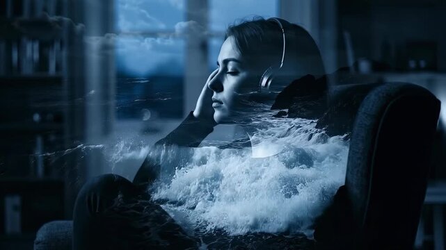 A young woman in headphones, eyes closed in contemplation, is superimposed with dynamic imagery of ocean waves and a stormy sky, evoking a sense of introspection and emotional depth.