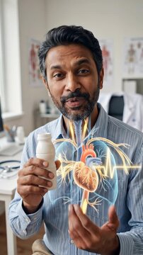 A concerned physician explains cardiac health and respiratory function, showcasing a transparent model of the human heart and lungs with pulsating vital signs.