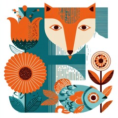 Fototapeta premium Cute cartoon fox, colorful fish, and bright flower are arranged together to represent the letter F in a vivid design on a white background.