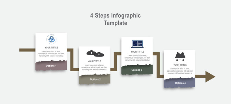 Creative 4-step infographic template with connected process flow, modern business icons, and torn paper labels. Ideal for workflows, project stages, digital transformation, and strategic presentations