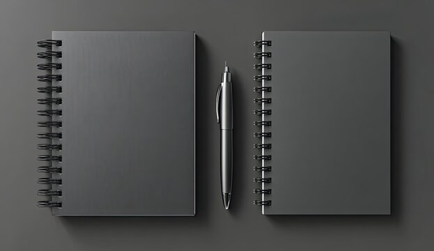 Two gray notebooks with spiral binding and a silver pen on a gray surface