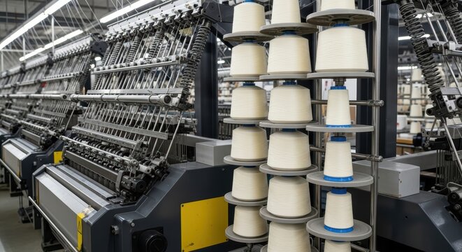 Spool textile factory machine producing yarn thread for industrial manufacturing
