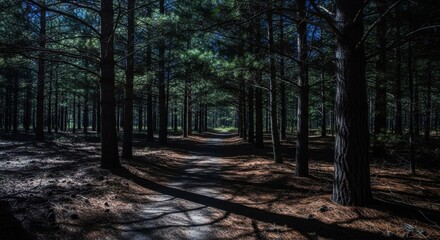 Fototapeta premium A Winding Forest Pathway Illuminated by Sunlight