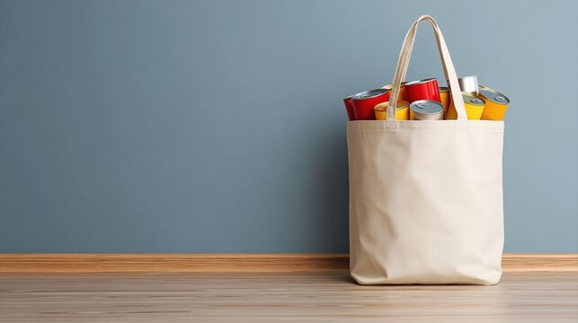 Canvas tote bag filled with eco friendly grocery food shopping items on wooden floor