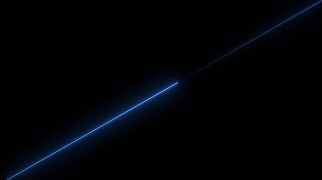 Diagonal glowing blue neon light line animation on black background abstract