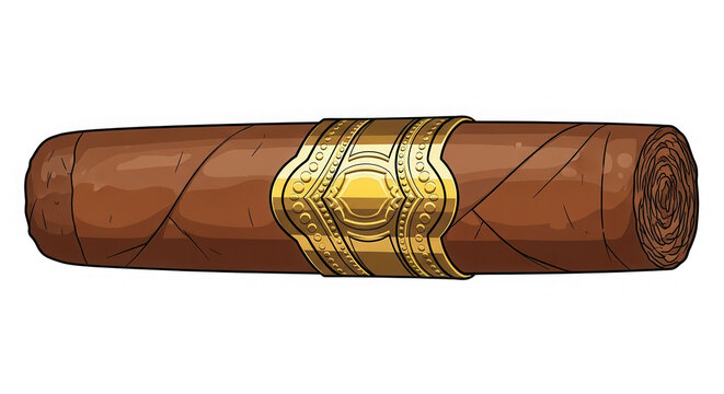 A brown cigar with a golden paper band label isolated on a flat surface isolated on transparent background