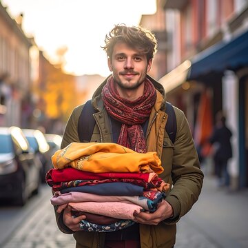 Man with stacked clothes