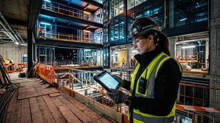 Fototapeta premium A Construction Worker Inspecting Blueprints On A Tablet At A Building Site