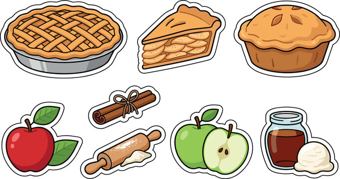 Homemade Apple Pie Sticker Set with Lattice Crust Slices Red and Green Apples Cinnamon and Rolling Pin