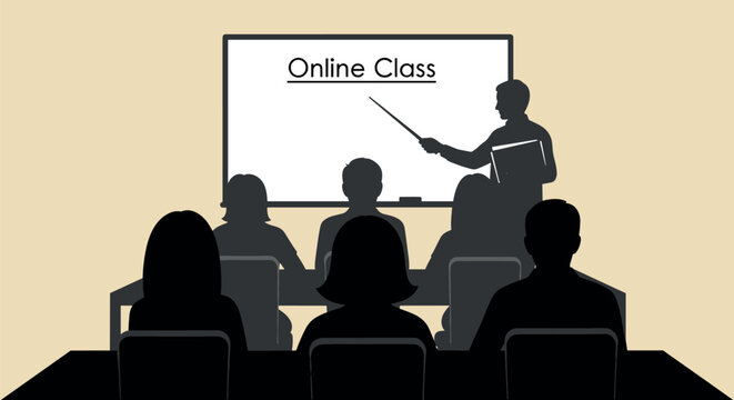 Online class education concept vector illustration featuring teacher silhouette at whiteboard and students sitting in classroom for distance learning.