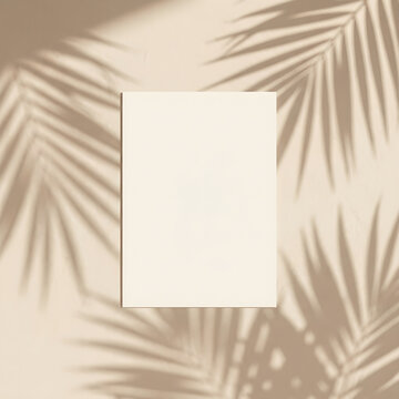 Blank white rectangle on a beige background with palm leaf shadows.