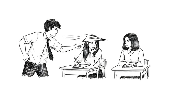 Teacher scolding students in classroom setting illustration.