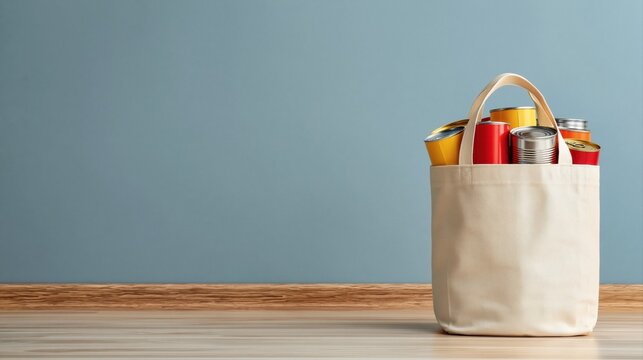 Recycling tote bag with colorful aluminum cans on wood against blue wall sustainability