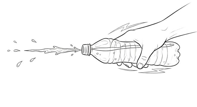 Hand squeezing plastic bottle with liquid spraying out.
