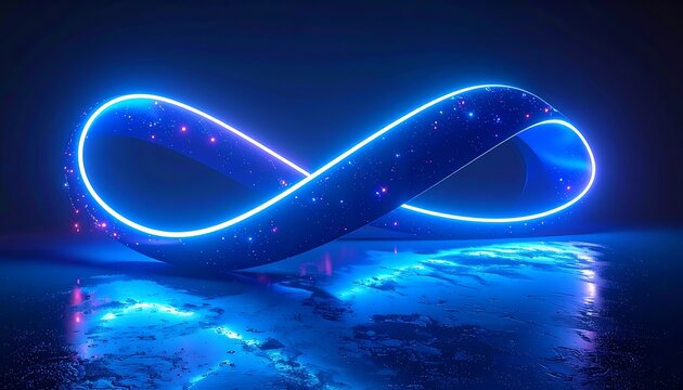 Glowing blue infinity neon light symbol.