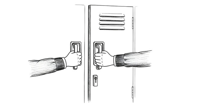 Hands opening a secure electronic locker with combination lock.