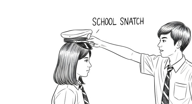 Boy placing school snatch cap on girl humorously indoors.