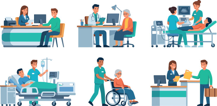 Medical clinic scenes set with doctors nurses patients reception ultrasound examination hospital bed care isolated on white background vector