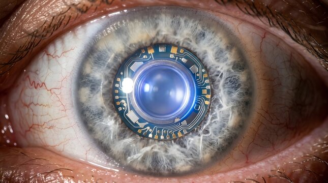 A close-up of a human eye with a futuristic bionic contact lens or implant showing intricate metallic circuitry around a bright blue reflective center.