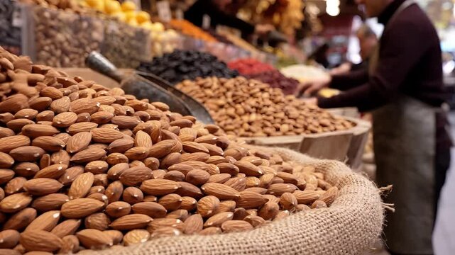 Abundant Almonds and Nuts Displayed at Bustling Market Stall.