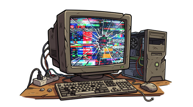 Old computer with broken screen display.