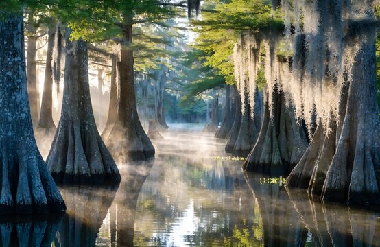 Cypress trees in a swamp canal with wildlife habitat early morning landscape