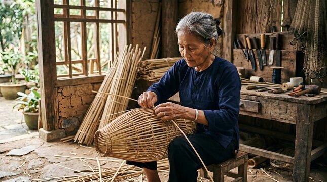 Elderly vietnamese woman weaving traditional bamboo fish trap.