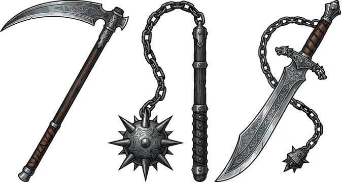 Medieval fantasy weapons set with ornate battle scythe spiked flail mace and engraved dragon sword isolated on white vector