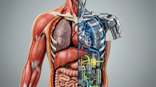  A split torso showing human anatomy on one side and robotic cybernetic mechanisms on the other.