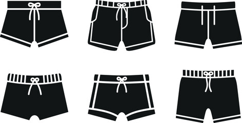 Men swimming shorts vector icon set with summer beach trunks and drawstring athletic wear silhouettes for apparel design elements © ISMOTARA