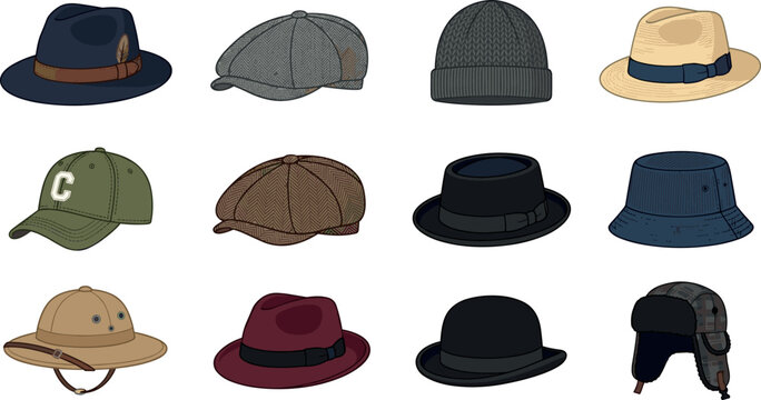 Men hat collection vector icon set including fedora baseball cap beanie panama bucket hat bowler and winter ushanka style headwear accessory