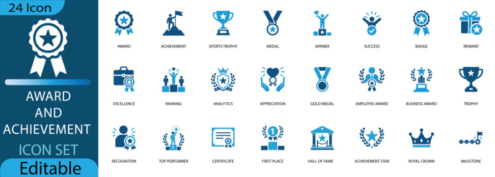 Award and achievement icon set in blue and dark cyan tones, featuring trophies, medals, certificates, and recognition symbols for business and sports success.